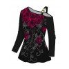 T-shirt D'Eté Décontracté Rose Imprimé Boucle Epaule Dénudée à Manches Longues - Noir S | US 4