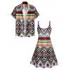 Geometric Print V Neck High Waist Spaghetti Strap Dress and Roll Up Sleeve Shirt Outfit - multicolor A S | US 4