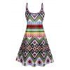 Geometric Print V Neck High Waist Spaghetti Strap Dress and Roll Up Sleeve Shirt Outfit - multicolor A S | US 4