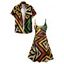 Geometric Print V Neck High Waist Spaghetti Strap Dress and Roll Up Sleeve Shirt Outfit - café S | US 4