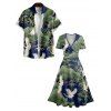 Oriental Style Crane Print V Neck Surplice Dress and Roll Up Sleeve Shirt Outfit - Vert profond 