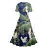 Oriental Style Crane Print V Neck Surplice Dress and Roll Up Sleeve Shirt Outfit - Vert profond 