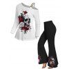 Skull Rose Print Buckle Cold Shoulder T-shirt and High Waist Flare Pants Outfit - Blanc S | US 4