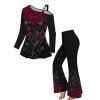 Rose Print Buckle Cold Shoulder T-shirt and High Waist Flare Pants Outfit - Noir S | US 4