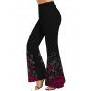 Rose Print Buckle Cold Shoulder T-shirt and High Waist Flare Pants Outfit - Noir S | US 4