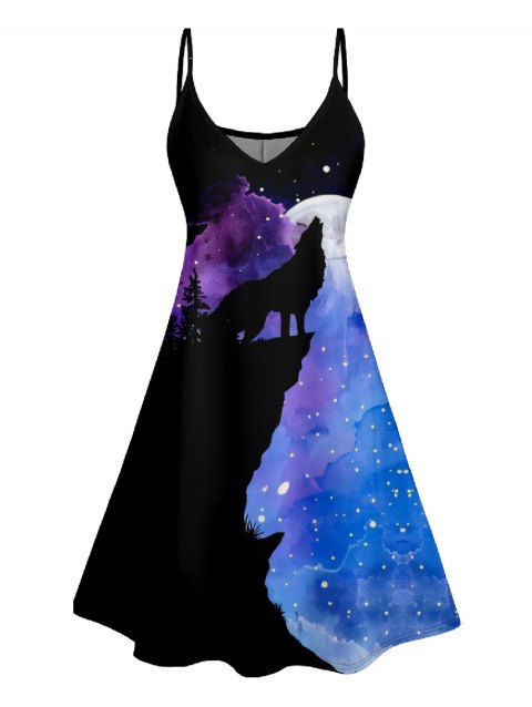 Robe D'été Ajourée à Imprimé Galaxie Loup à Bretelles Spaghetti à Col en V