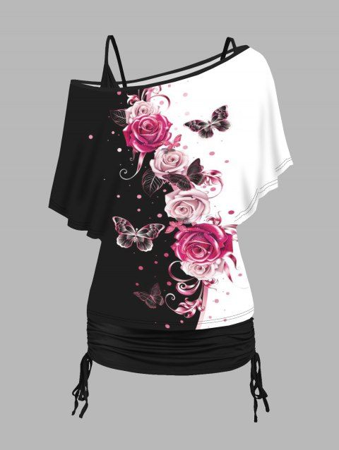 Ensemble de T-shirt Papillon Rose Imprimé Contrasté à Epaule Dénudée et de Camisole Deux Pièces