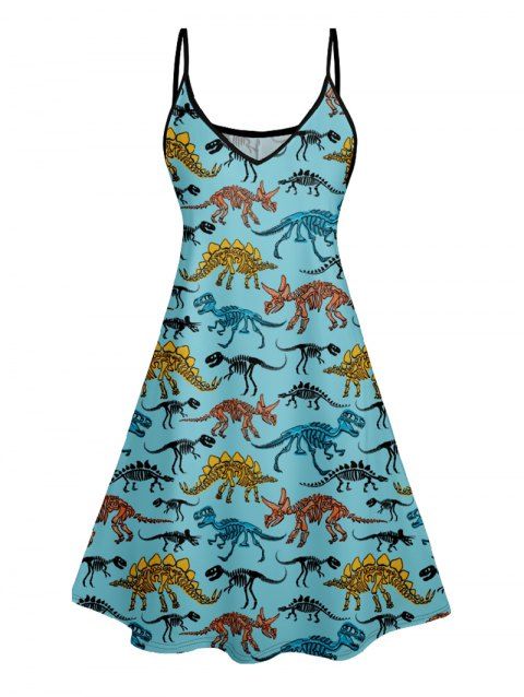 Robe D'Eté Ligne A Dinosaure Squelette Imprimés à Taille Haute sans Manches à Bretelle Fine