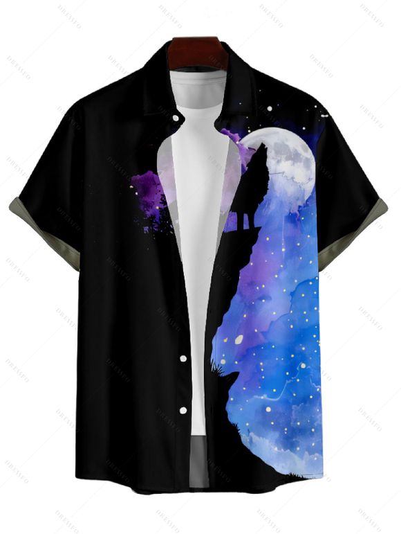 Chemise Décontractée Galaxie Loup Imprimé à Manches Courtes - Noir 4XL