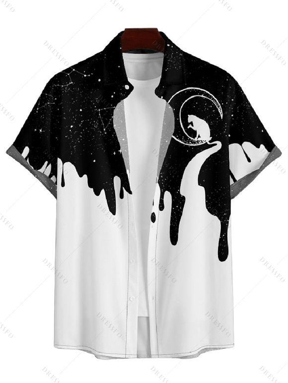 Chemise Décontractée Boutonnée Chat Lune et Galaxie Imprimés à Manches Courtes - Blanc 5XL