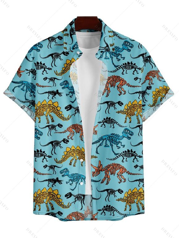 Chemise Décontractée Dinosaure Squelette Imprimés Boutonnée à Manches Courtes - Bleu clair XL