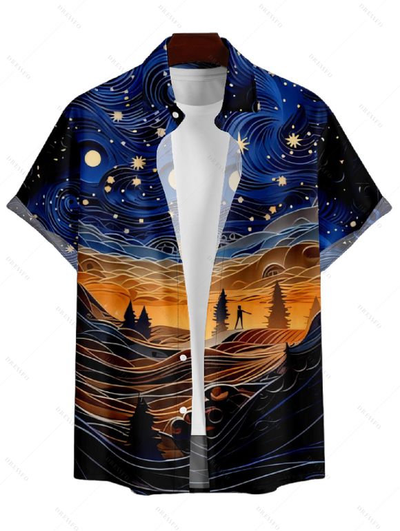 Chemise Décontractée Homme Imprimé Paysage Galaxie à Manches Courtes - Bleu de Minuit S