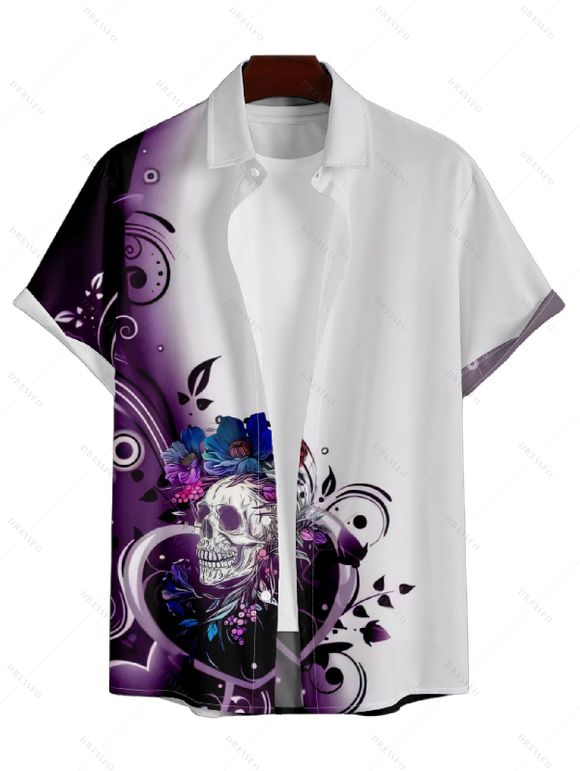 Chemise Décontractée Fleur Crâne Imprimée à Manches Courtes - Blanc 3XL