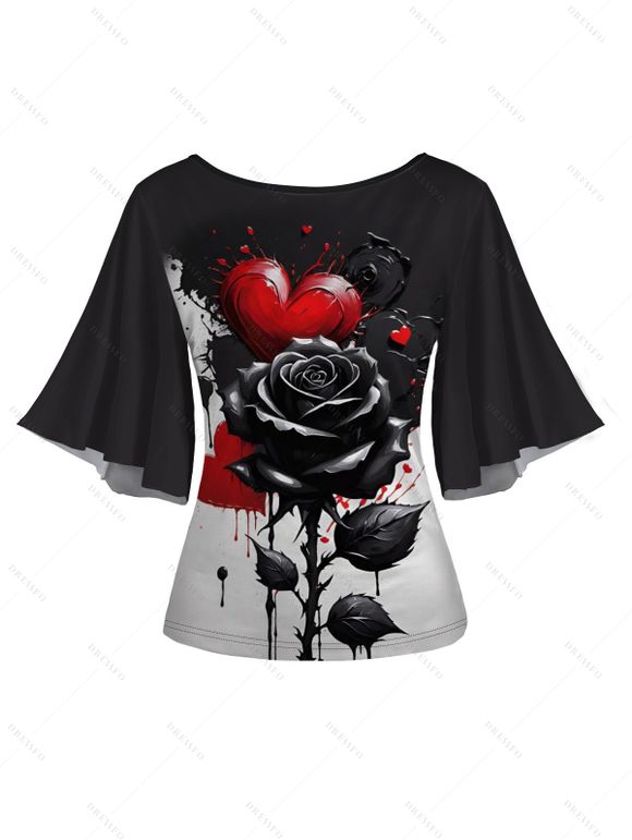 T-shirt D'été à Rose et Coeur à Manches Évasées à Col Rond - Blanc XXL | US 14