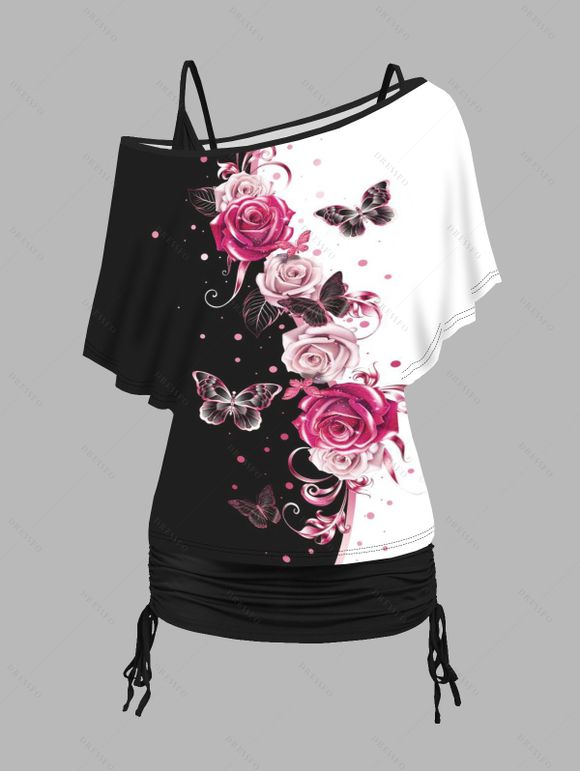 Ensemble de T-shirt Papillon Rose Imprimé Contrasté à Epaule Dénudée et de Camisole Deux Pièces - Noir XL | US 10