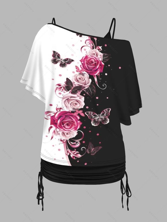 Ensemble de T-shirt Papillon Rose Imprimé Contrasté à Epaule Dénudée et de Camisole Deux Pièces - Noir XL | US 10