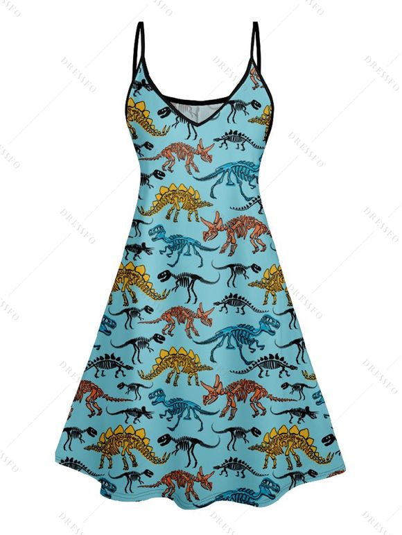 Robe D'Eté Ligne A Dinosaure Squelette Imprimés à Taille Haute sans Manches à Bretelle Fine - Bleu clair S | US 4