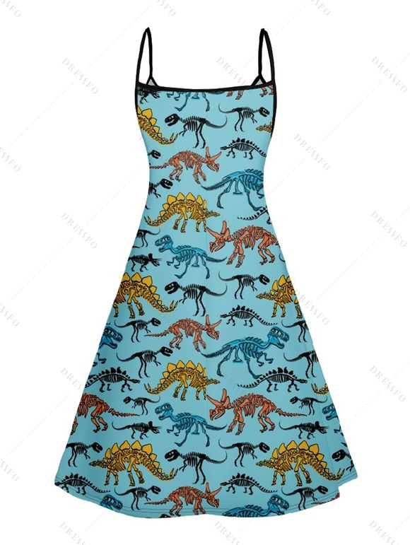 Robe D'Eté Ligne A Dinosaure Squelette Imprimés à Taille Haute sans Manches à Bretelle Fine - Bleu clair XL | US 12