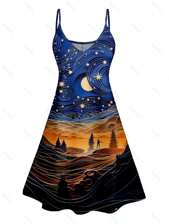 Robe Ligne A à Bretelle Fine Paysage de Galaxie Imprimé à Taille Haute sans Manches - Bleu de Minuit S | US 4