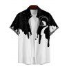 Chemise Décontractée Boutonnée Chat Lune et Galaxie Imprimés à Manches Courtes - Blanc 3XL