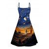 Robe Ligne A à Bretelle Fine Paysage de Galaxie Imprimé à Taille Haute sans Manches - Bleu de Minuit S | US 4