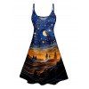 Robe Ligne A à Bretelle Fine Paysage de Galaxie Imprimé à Taille Haute sans Manches - Bleu de Minuit M | US 6