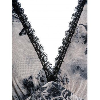 Butterfly Print Plung Neck Lace Patchwork Tie Shoulder Dress and Butterfly Chain Lace Up Corset Belt Suit