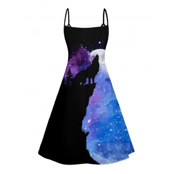 Galaxy Wolf Print V Neck High Waist Spaghetti Strap Dress and Roll Up Sleeve Shirt Outfit