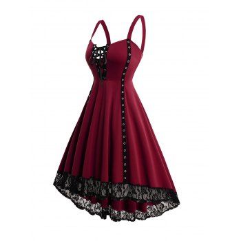 Lace Up Grommet Straps Lace Hem High Low Summer Tank Dress 