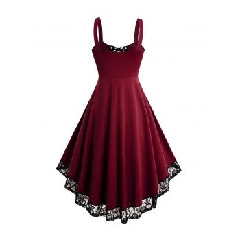 Lace Up Grommet Straps Lace Hem High Low Summer Tank Dress 