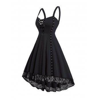 Lace Up Grommet Straps Lace Hem High Low Summer Tank Dress 