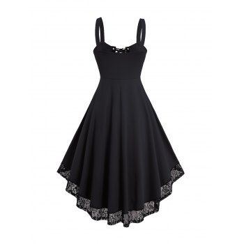 Lace Up Grommet Straps Lace Hem High Low Summer Tank Dress 