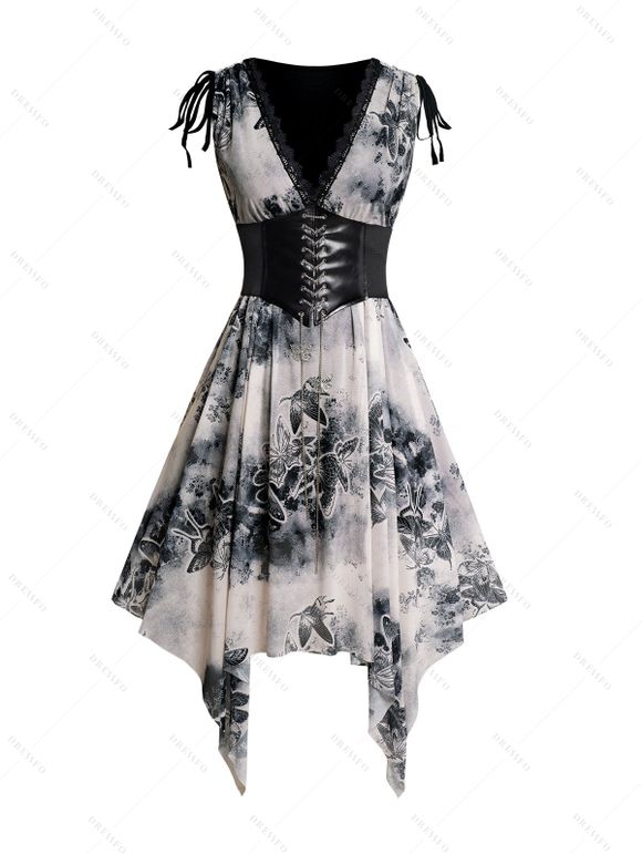 Robe Corset Papillon Imprimé à Epaule Nouée avec Chaîne à Col Plongeant - café lumière S | US 4