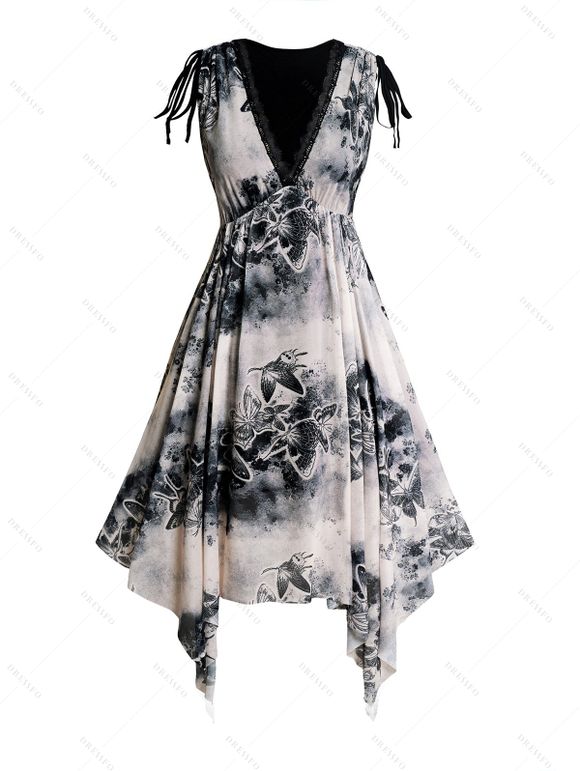 Robe Corset Papillon Imprimé à Epaule Nouée avec Chaîne à Col Plongeant - café lumière S | US 4