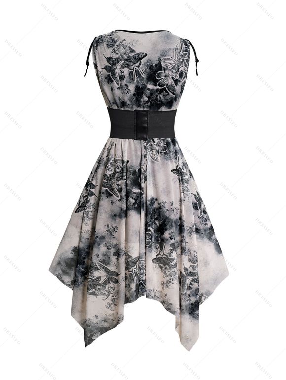 Robe Corset Papillon Imprimé à Epaule Nouée avec Chaîne à Col Plongeant - café lumière S | US 4