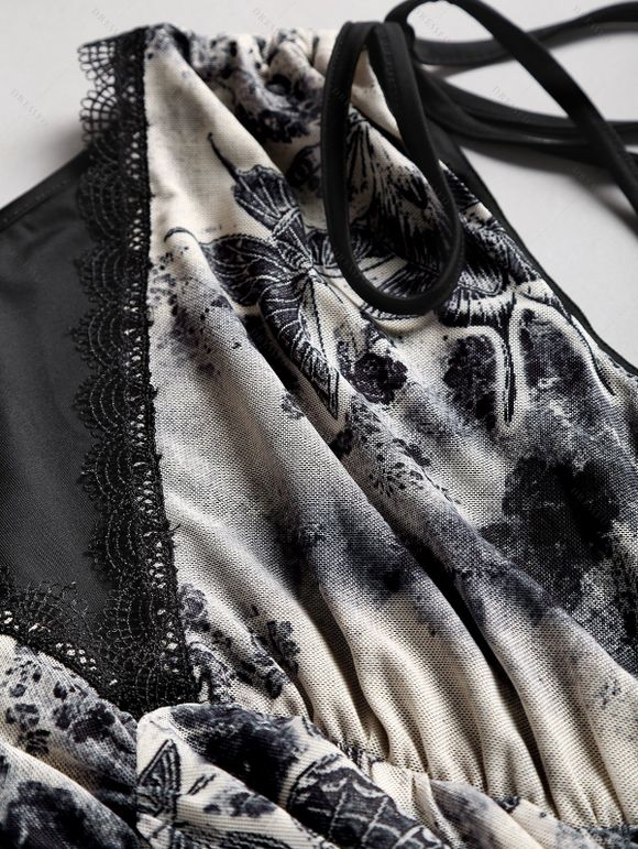 Robe Corset Papillon Imprimé à Epaule Nouée avec Chaîne à Col Plongeant - café lumière S | US 4