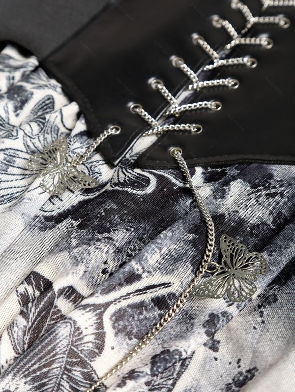 Robe Corset Papillon Imprimé à Epaule Nouée avec Chaîne à Col Plongeant - café lumière S | US 4