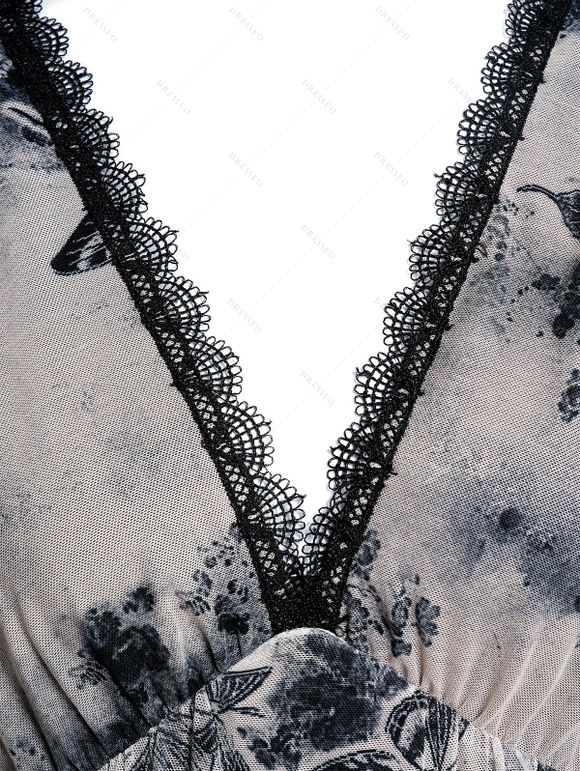 Robe Corset Papillon Imprimé à Epaule Nouée avec Chaîne à Col Plongeant - café lumière S | US 4