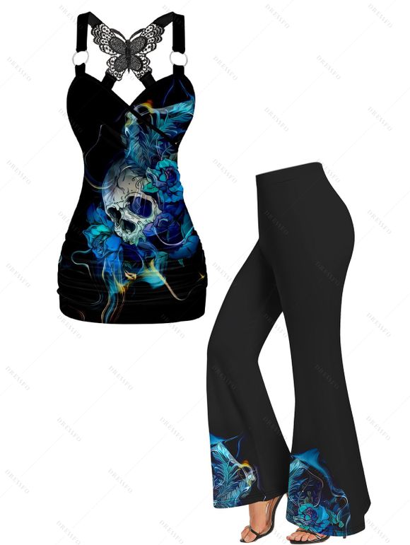 Skull Pattern Ruched Butterfly Lace Tank Top and Flare Pants Outfit - Noir S | US 4