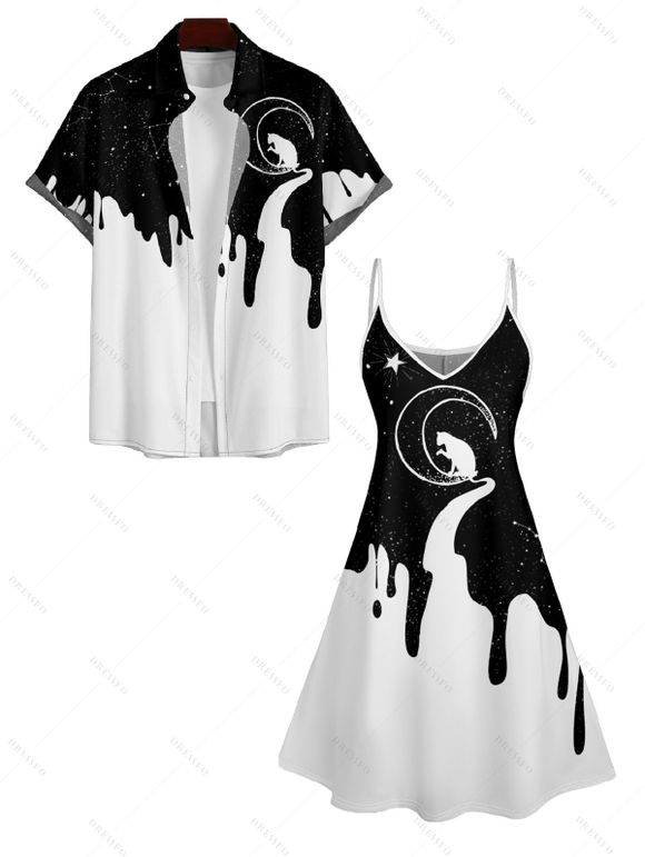 Galaxy Cat Moon Print V Neck High Waist Spaghetti Strap Dress and Roll Up Sleeve Shirt Outfit - Blanc S | US 4