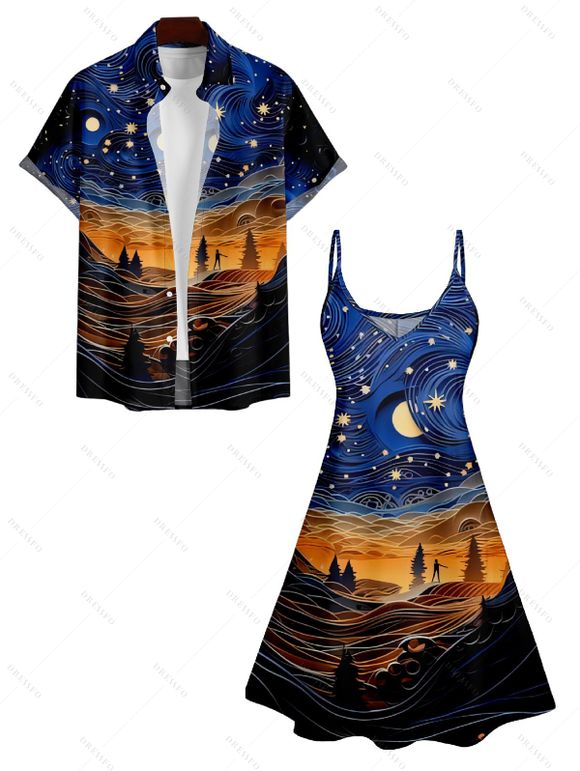 Galaxy Landscape Print V Neck High Waist Spaghetti Strap Dress and Roll Up Sleeve Shirt Outfit - Bleu de Minuit S