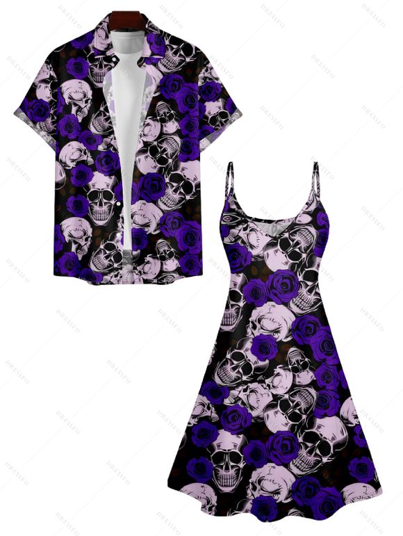 Skull Rose Print V Neck High Waist Dress and Roll Up Sleeve Shirt Outfit - Concorde S | US 4