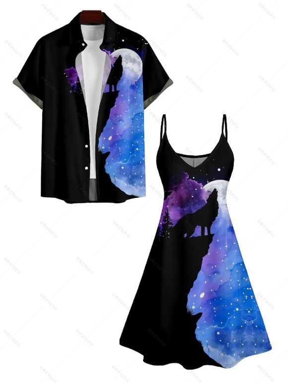 Galaxy Wolf Print V Neck High Waist Spaghetti Strap Dress and Roll Up Sleeve Shirt Outfit - Noir S | US 4