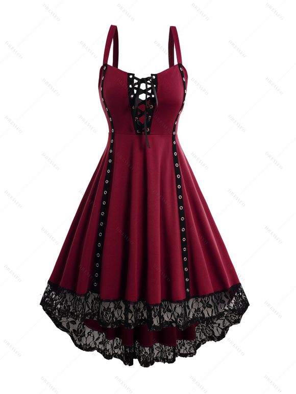 Robe D'Eté Débardeur Haute Basse à Bretelle en Dentelle à Lacets avec Œillet - Rouge foncé XL | US 12