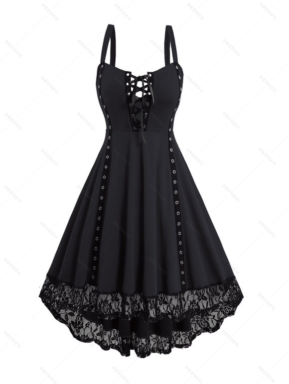 Robe D'Eté Débardeur Haute Basse à Bretelle en Dentelle à Lacets avec Œillet - Noir XXL | US 14