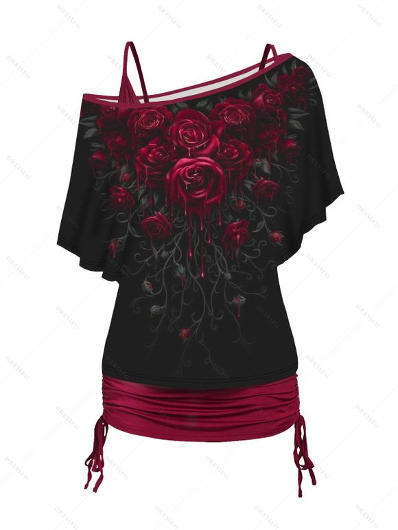 Ensemble de T-shirt Rose Imprimée à Epaule Oblique et de Camisole à Col V Deux Pièces - Noir XXL | US 12