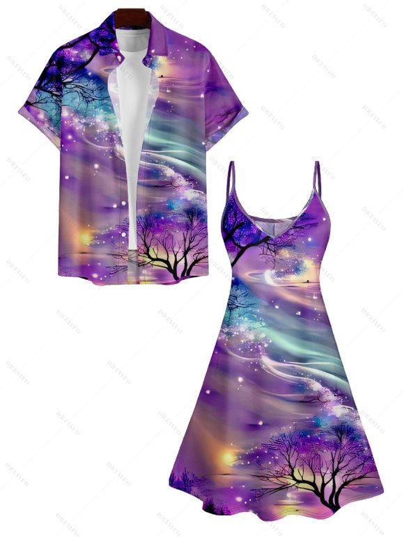 Galaxy Colorful Print V Neck High Waist Spaghetti Strap Dress and Roll Up Sleeve Shirt Resort Outfit - multicolor S | US 4