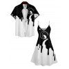 Galaxy Cat Moon Print V Neck High Waist Spaghetti Strap Dress and Roll Up Sleeve Shirt Outfit - Blanc S | US 4