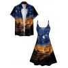 Galaxy Landscape Print V Neck High Waist Spaghetti Strap Dress and Roll Up Sleeve Shirt Outfit - Bleu de Minuit S