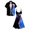 Galaxy Wolf Print V Neck High Waist Spaghetti Strap Dress and Roll Up Sleeve Shirt Outfit - Noir S | US 4